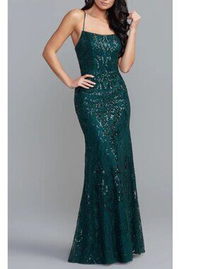 PromGirl Statement Back Long Green Sequin Embellished Maxi Dress Size 6
